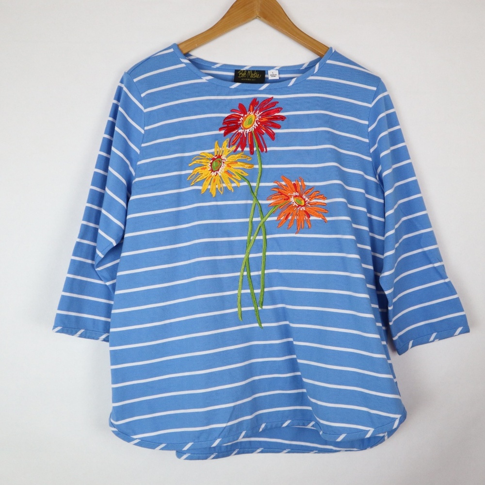 Bob Mackie Flora Embroidered Stripe Top